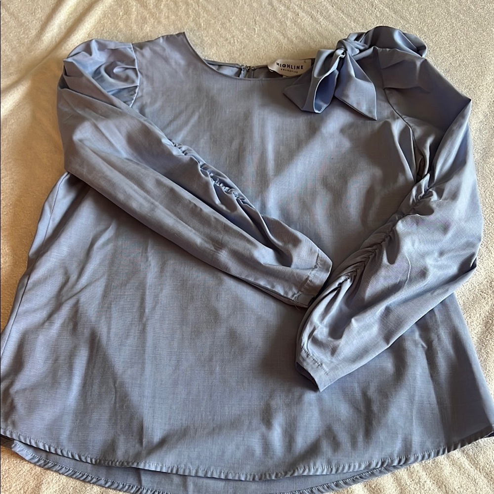 Light Blue Women's Top with Bow Detail and Ruched Sleeves